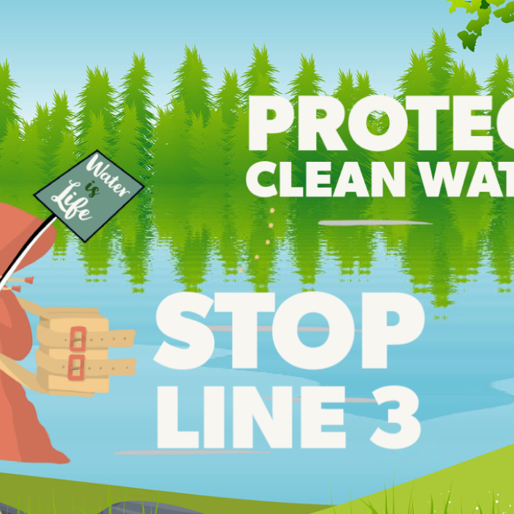 Illustration of protestor next to lake holding a sign reading "Water is Life". Caption: Protect Clean Water, Stop Line 3