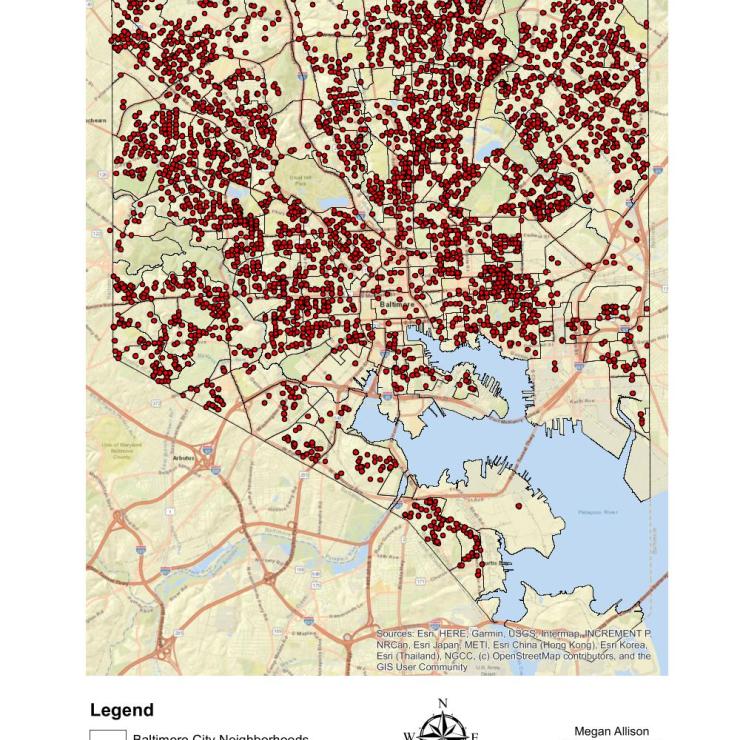 Locations of building sewer backups in Baltimore City reported to 311, October 2017 through March 2019.