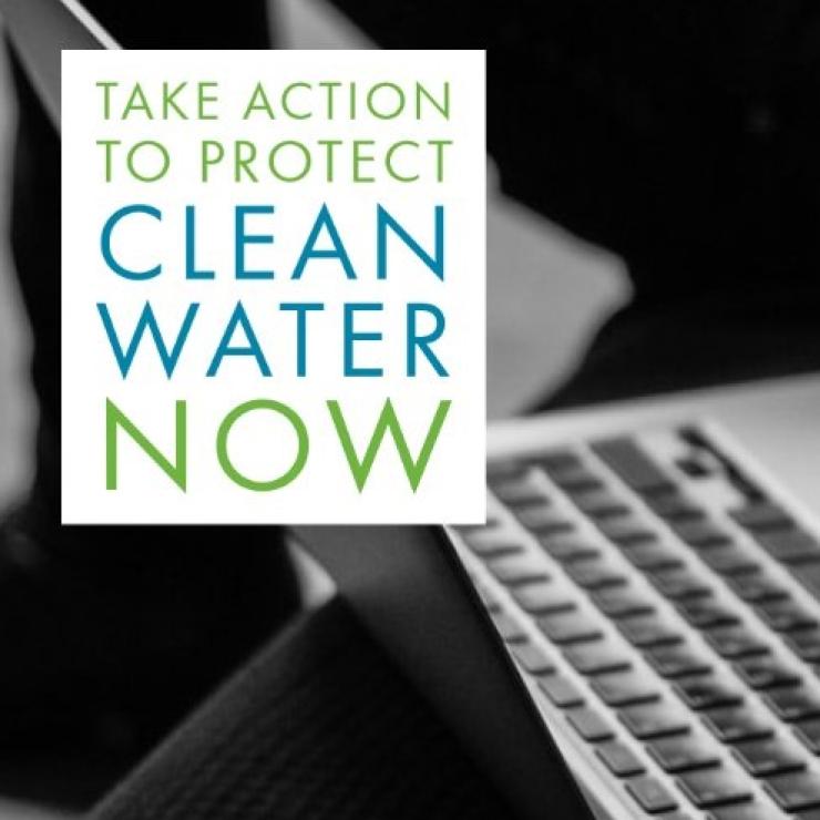 Picture of hands typing on laptop. Caption: Take action to protect clean water now.