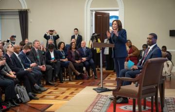 National Accelerating Lead PIpe Replacement Summit. Kamala Harris speaking to attendees at the White House.