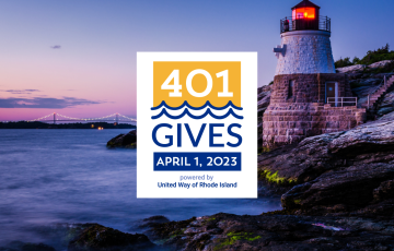 Image of a lighthouse and body of water in Rhode Island with a logo that says 401 Gives