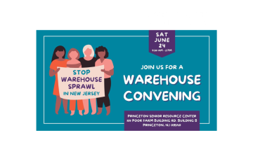 Graphic design that says "Clean Water Action's NJ Warehouse Convening event on June 24. Stop warehouse sprawl!"