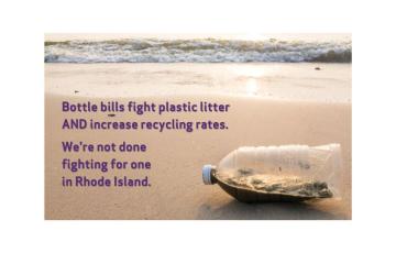 Image of a beach with plastic bottle and text that says "Bottle Bills Fight Plastic Litter"
