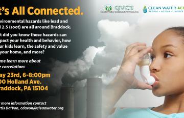 Image of a girl with asthma and a polluting smoke stack