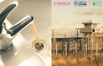 Image of a prison and dirty water coming out of a faucet. Canva.