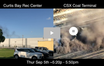 Picture labeled CSX Coal Terminal of a huge cloud of dust obscuring several railway lines.