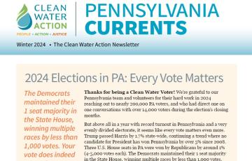 Graphic design featuring PA Currents Clean Water Action newsletter cover for Winter 2024