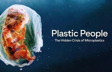 Image of a baby made from different pieces of plastic, floating within a plastic bag.