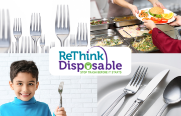Boy holding folk, forks, utensils on plate and cafeteria with server handing food to kid