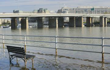 Flooding along the Anacostia in DC - a partially submerged park bench. Photo credit: JuneJ / Shutterstock