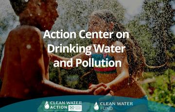 Two kids playing sprinkler, action center image for clean water action from canva
