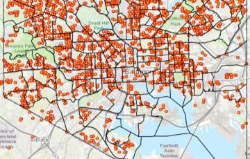 Map of locations of building sewage backups reported to Baltimore City DPW in Fiscal Year 2018
