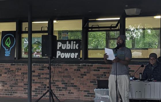 Erik McCleary speaking at Ann Arbor for Public Power rally