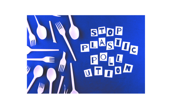 Image of Plastic Utensils and Straws that Spell the Word Stop Plastic Pollution