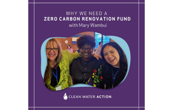 Image of Clean Water Action's Cindy Luppi and Paulina Casasola with Mary Wambui with text that says Why We Need a Zero Carbon Renovation Fund and Clean Water Action Logo