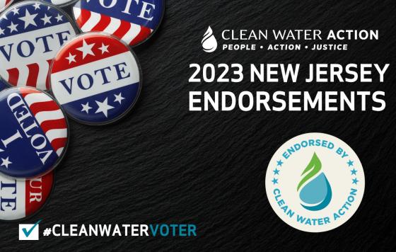 Image of a graphic design that has vote buttons and text that says 2023 New Jersey Endorsements