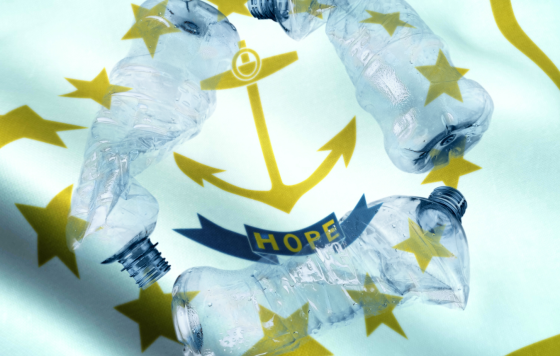 Image of plastic bottles in a recycling symbol shape with text "Hope" and an anchor