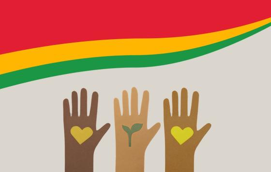 Graphic: Three hands and a banner with the colors of Black History Month, red, yellow and green