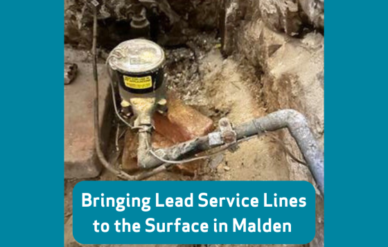 Graphic that has an image of a lead service line and text that says Bringing Lead Service Lines to the Surface in Malden