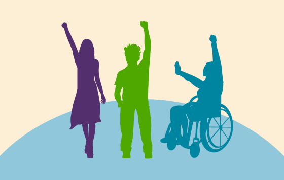 Three figures with raised fists, two standing and one in a wheelchair.