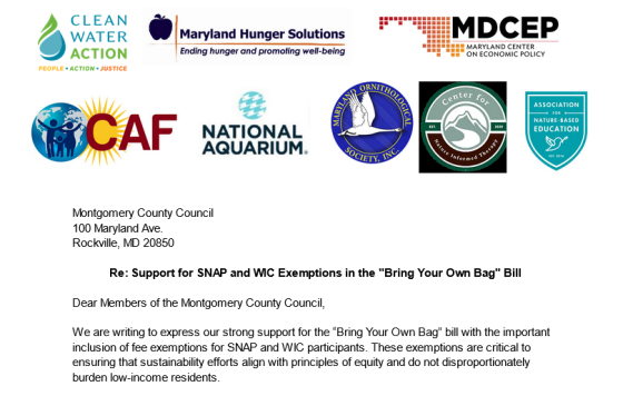 A letter header with the logos of Clean Water Action, Maryland Hunger Solutions, Maryland Center on Economic Policy, Centro de Apoyo Familiar, National Aquarium, Maryland Ornithological Society, Center for Nature-Informed Therapy, and Association for Nature-Based Education