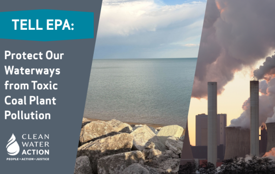Image of waterway (Lake Michigan) next to coal plant pollution