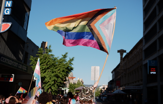 A progress pride flag being held up in a public event among other pride flags