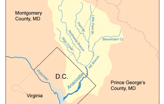 Map of the Anacostia River in Washington DC and Maryland